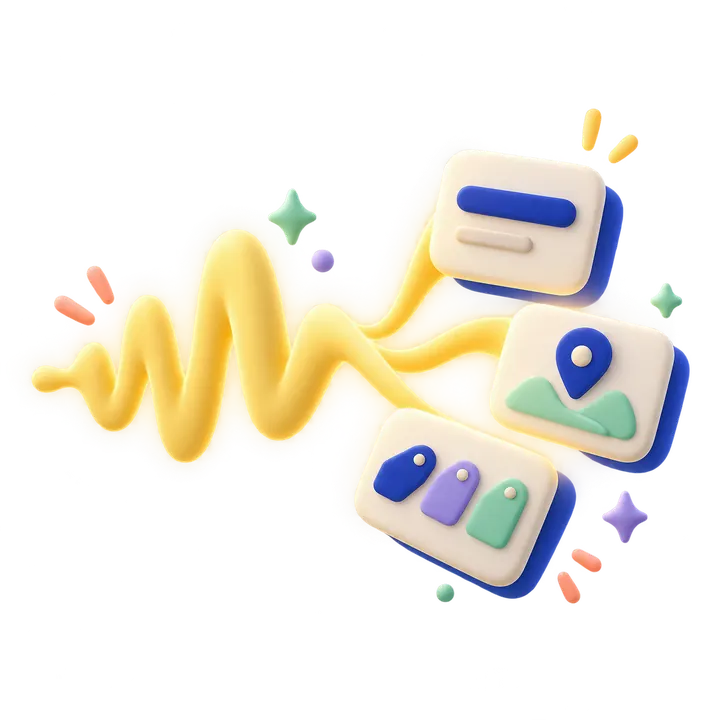 A voice waveform turning into an organized title, place and tags